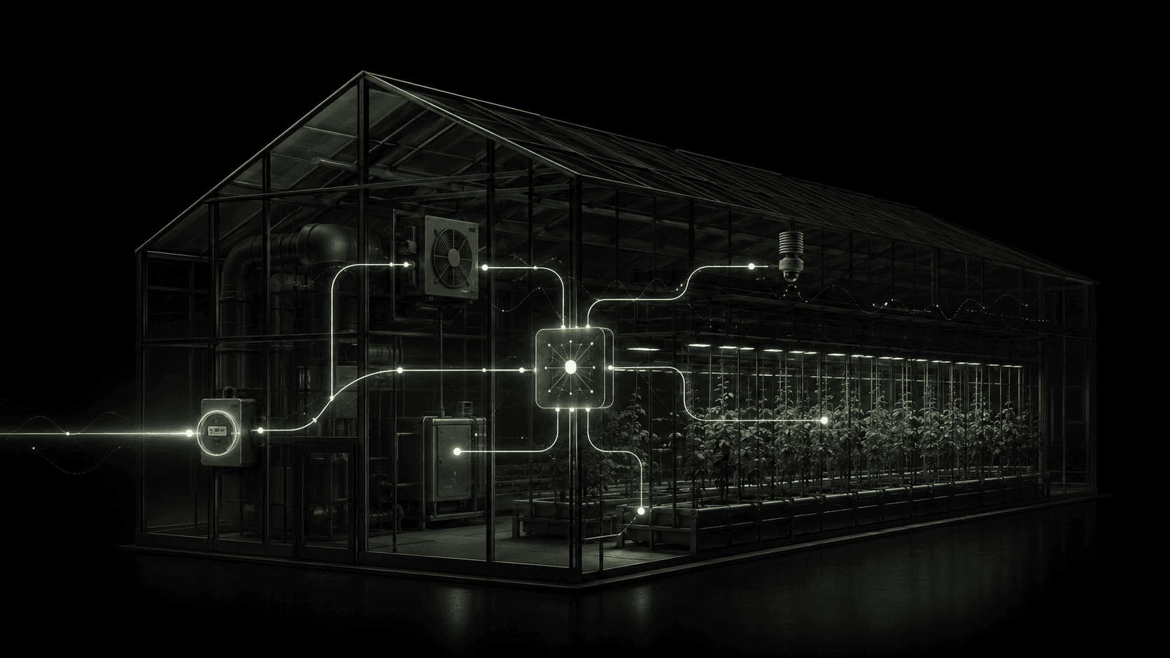 Greenhouse energy systems visualization showing connected operational equipment and environmental signals